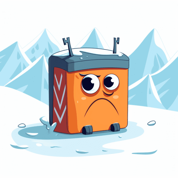 Cartoon image of a RV battery feeling cold in winter